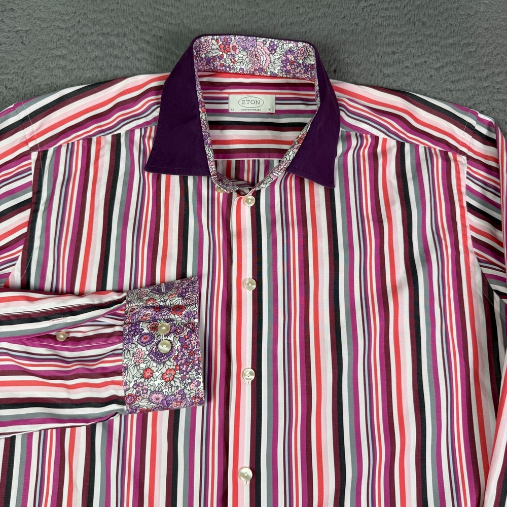 Eton Shirt Mens 17/43 Striped Contemporary Dress Long Sleeve Floral Cuff Accent